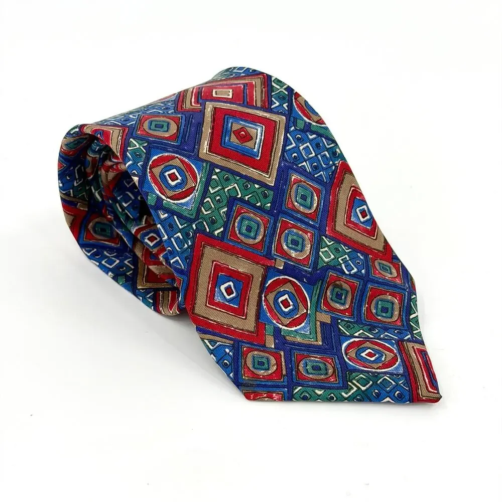Vintage 90s Geoffrey Beene Blue Green Red 100% Silk Geometric Necktie